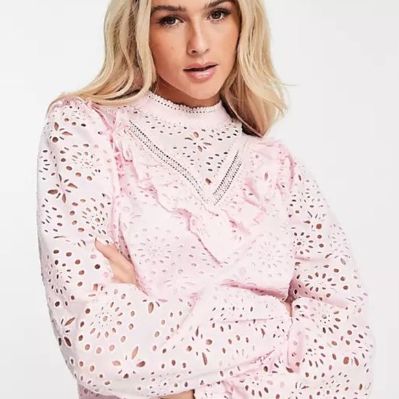 NWT Miss Selfridge Eyelet Victoriana Cotton Blouse In Pink - Picture 3 of 6